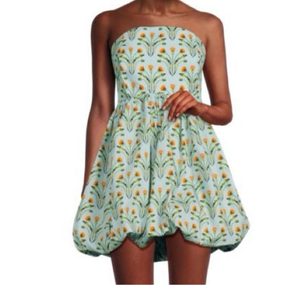 Agua Bendita Floral Strapless Dress in Blue and Orange